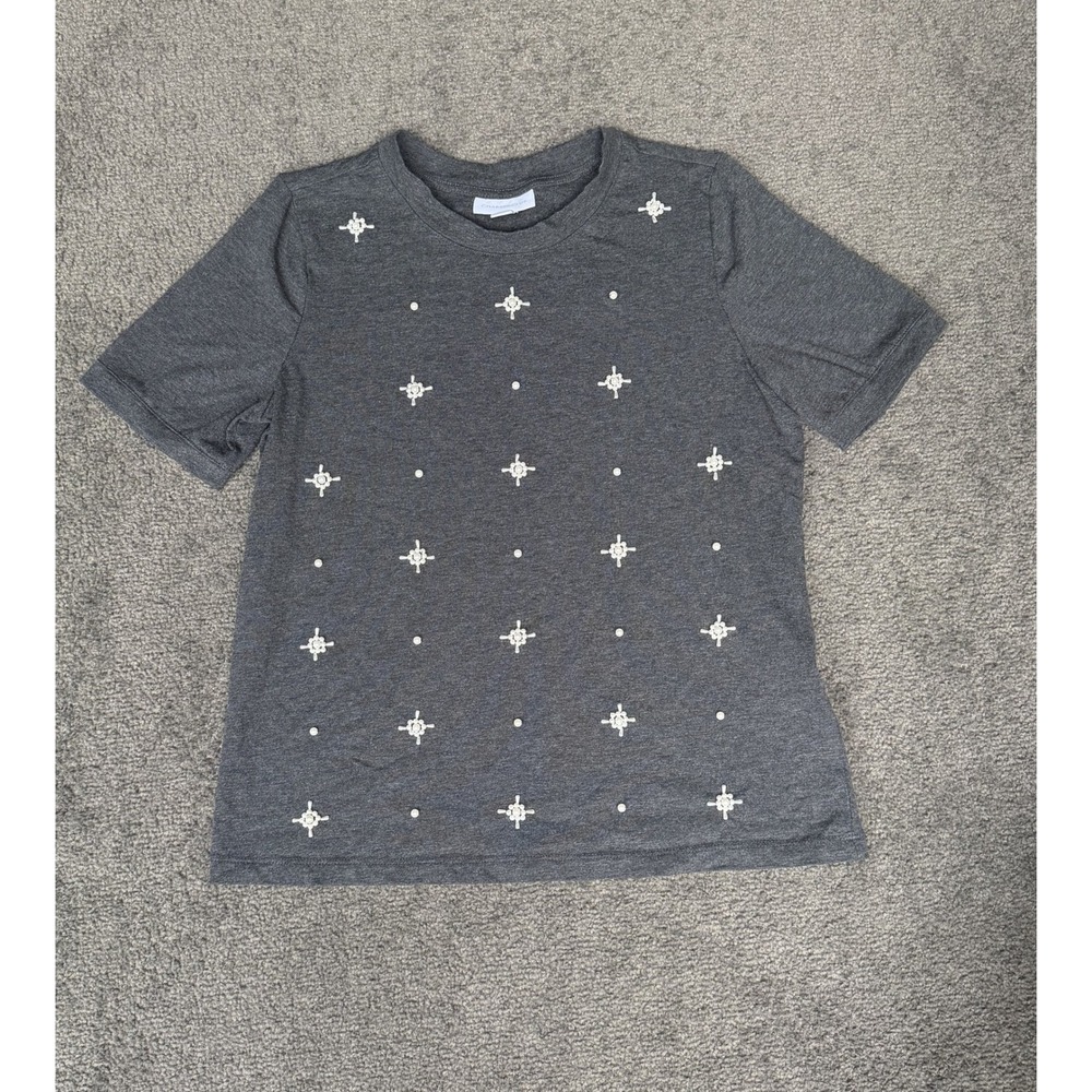 Charter Club Womens XS Gray Pearl Embellished Short Sleeve Knit Top Crew Neck